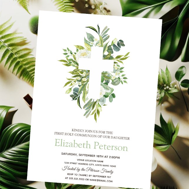 Invitation Croix Florale en Or Feuilles Première Communion So (Créateur téléchargé)