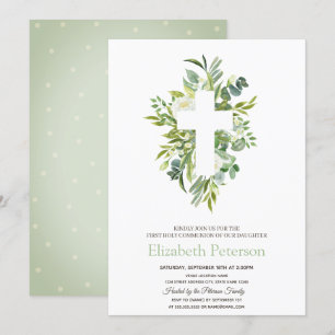 Invitation Croix florale Feuilles piqués première sainte comm