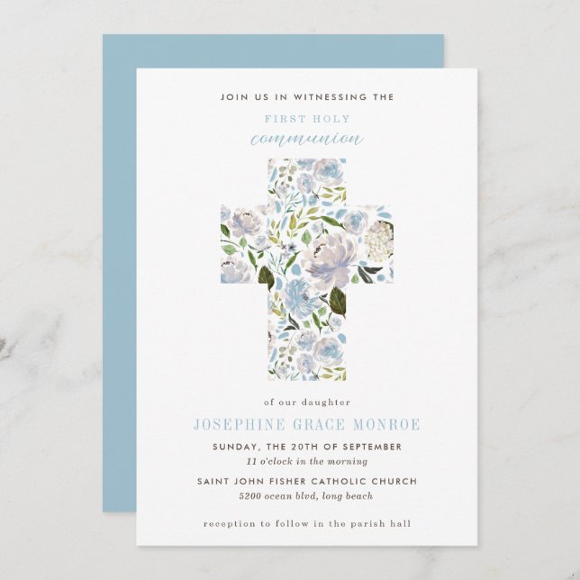 Invitation Croix florale moderne bleu clair Première communio (Devant / Derrière)