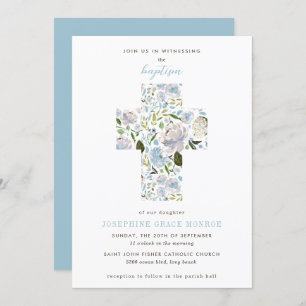 Invitation Croix florale moderne Religieux Baptême bleu clair