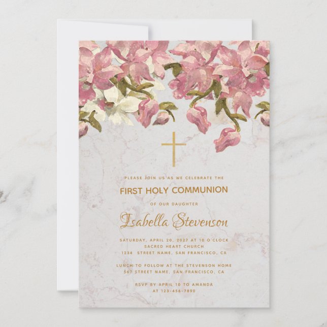 Invitation Croix florale Orchidées roses Marbre Première Comm (Devant)