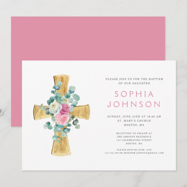Invitation Croix florale religieuse élégante pour fille baptê (Devant / Derrière)
