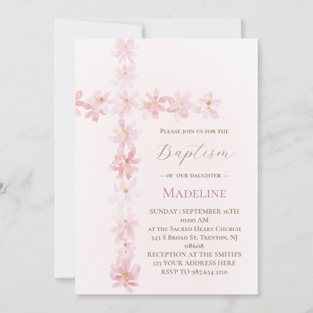 Invitation croix florale rose de baptême  (Devant)