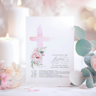 Invitation Croix florale rose Élégant Baptême de fille modern