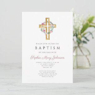 Invitation Croix florale rose élégante pour baptême floral