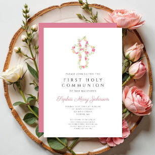 Invitation Croix florale rose élégante pour première communio