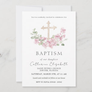 Invitation Croix florale rose Feuilles d'eucalyptus Baptême