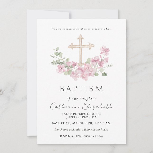Invitation Croix florale rose Feuilles d'eucalyptus Baptême (Devant)