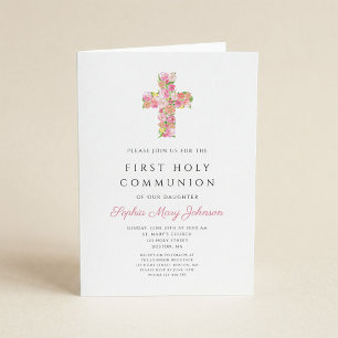 Invitation Croix florale rose fille religieuse première commu