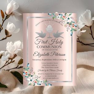 Invitation Croix Florale Rose Gold Première Sainte Communion