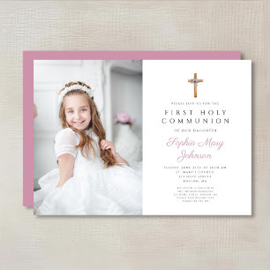Invitation Croix florale rose mignonne Photo Girl First Commu