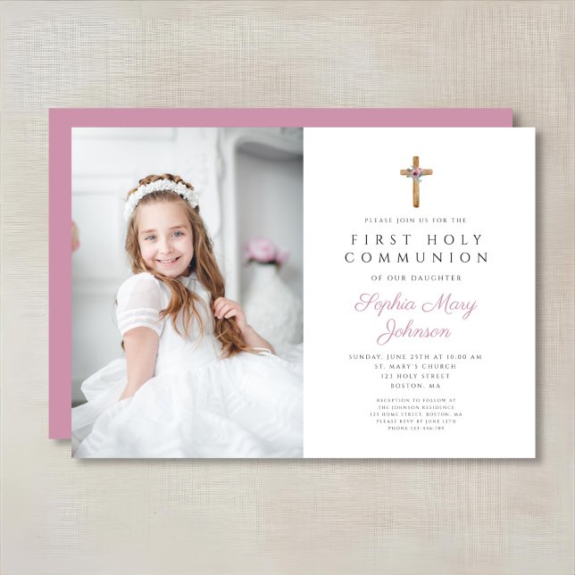 Invitation Croix florale rose mignonne Photo Girl First Commu (Cute Pink Floral Cross Photo Girl First Communion Invitation)