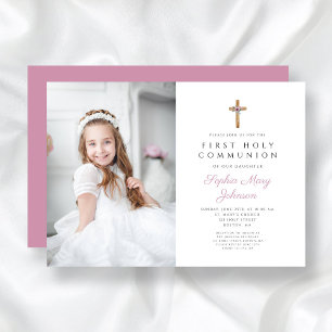 Invitation Croix florale rose mignonne Photo Girl First Commu