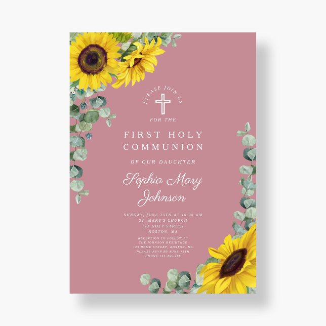 Invitation Croix florale rose moderne Première communion (Modern Pink Floral Cross First Communion Invitation)