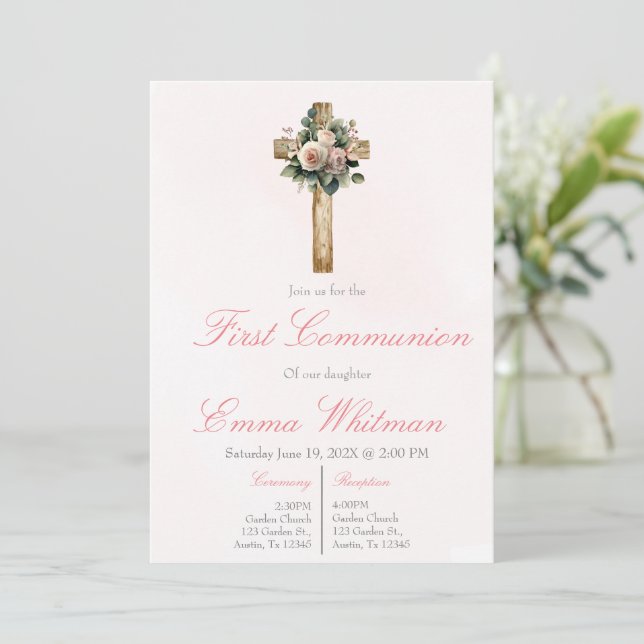 Invitation Croix florale rose pour première communion  (Debout devant)