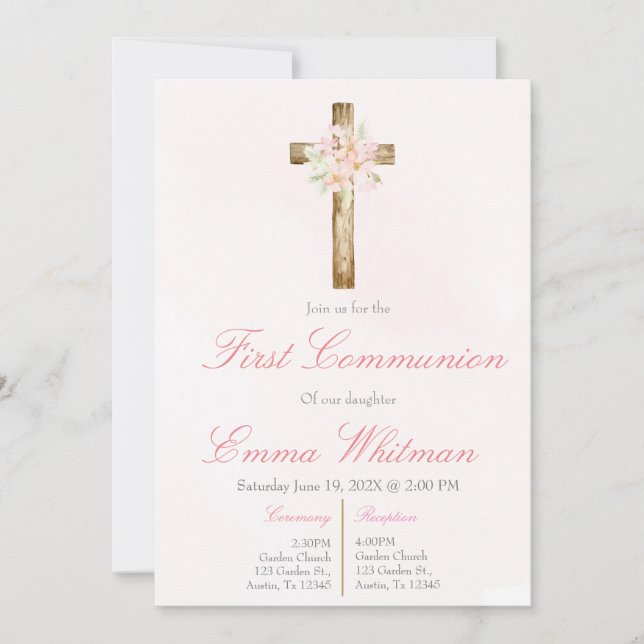 Invitation Croix florale rose première communion  (Devant)