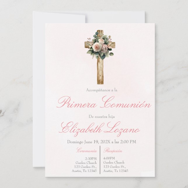 Invitation Croix florale rose première communion espagnole  (Devant)