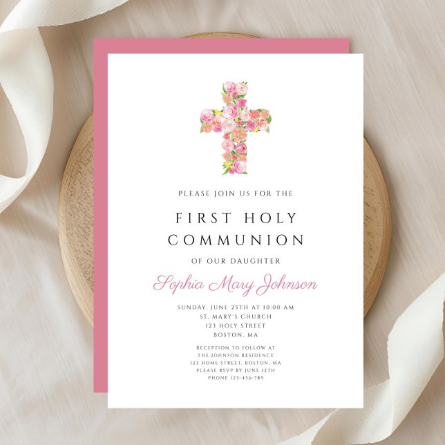Invitation Croix florale rose Première communion religieuse (Pink Floral Cross Religious Girl First Communion Invitation)