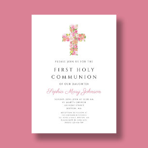 Invitation Croix florale rose Première communion religieuse