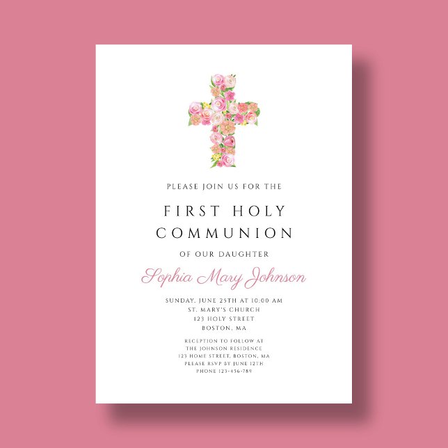 Invitation Croix florale rose Première communion religieuse (Pink Floral Cross Religious Girl First Communion Invitation)