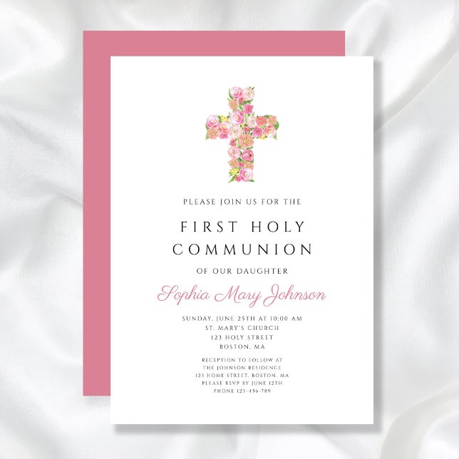 Invitation Croix florale rose Première communion religieuse (Pink Floral Cross Religious Girl First Communion Invitation)