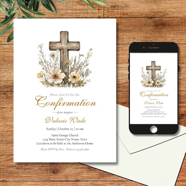 Invitation Croix florale rustique pour la confirmation des fi (Créateur téléchargé)