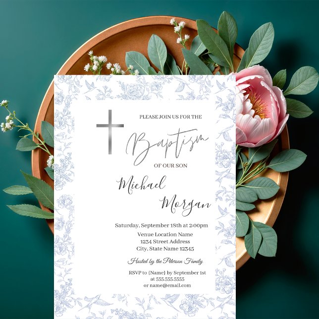 Invitation Croix florale vintage bleu chinoiserie  (Créateur téléchargé)