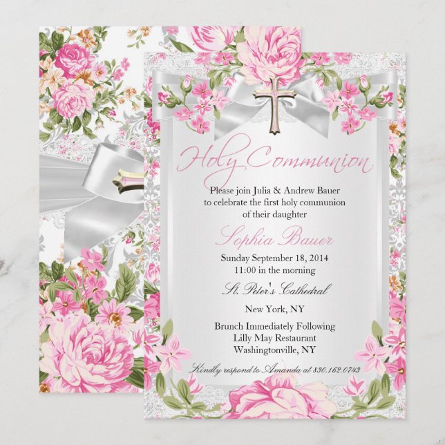 Invitation Croix florale vintage Première communion Rose (Devant / Derrière)