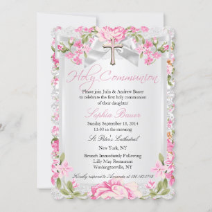 Invitation Croix florale vintage Première communion rose