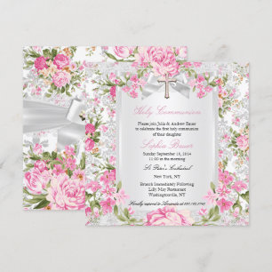Invitation Croix florale vintage Première communion Rose 3