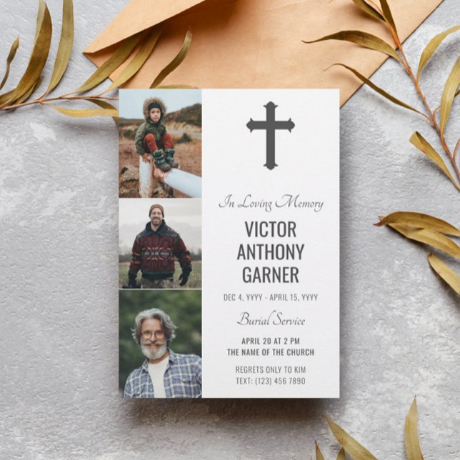 Invitation Croix gris 3 Photos Service d'inhumation blanc (Créateur téléchargé)