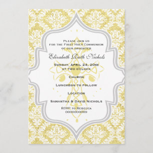 Invitation Croix jaune blanc damassé burlap Première communio
