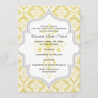 Invitation Croix jaune blanc damassé burlap Première communio