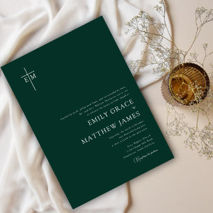 Invitation Croix minimaliste chrétienne monogrammée vert forê