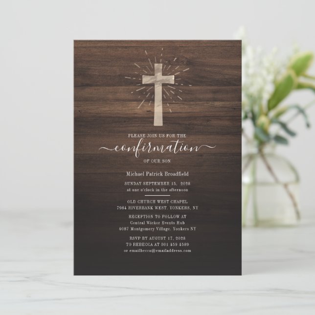 Invitation Croix moderne Bois rustique Confirmation religieus (Debout devant)