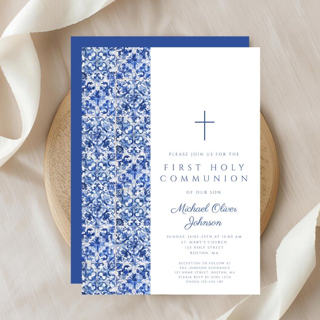 Invitation Croix Moderne Carreaux Bleus Garçon Première Commu (Modern Cross Blue Tiles Boy First Communion Invitation)