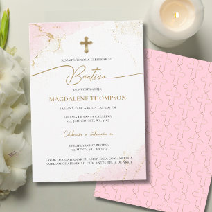Invitation Croix Moderne en Or Rose pour Fille Baptême Bautiz