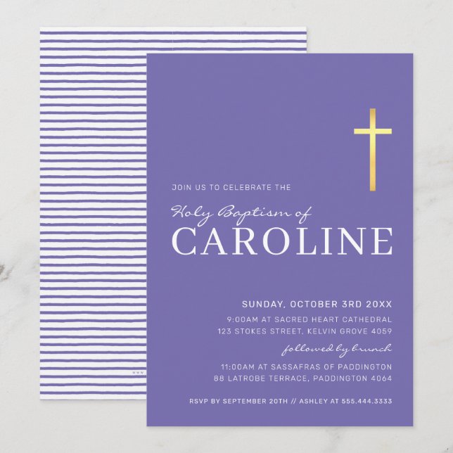 Invitation CROIX MODERNE or saint baptême simple violet blanc (Devant / Derrière)