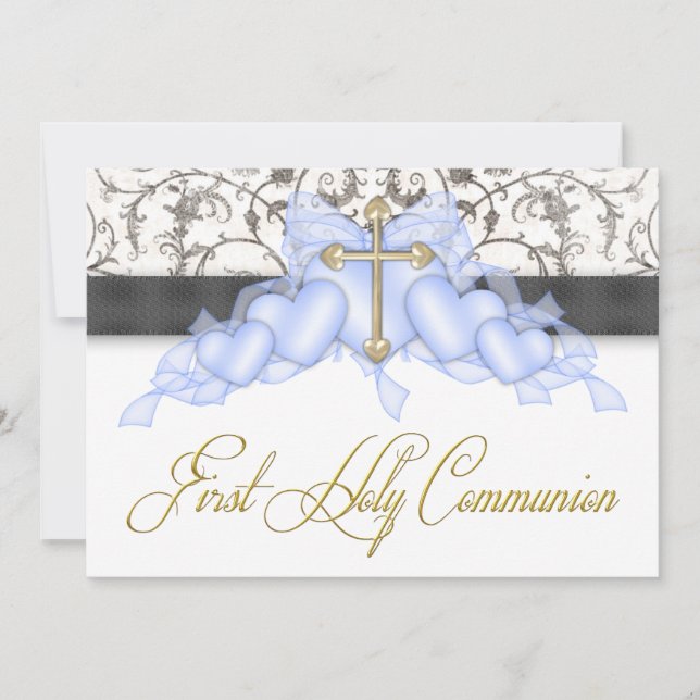 Invitation Croix Or Bleu Noir Garçons Bleu Première Communion (Devant)