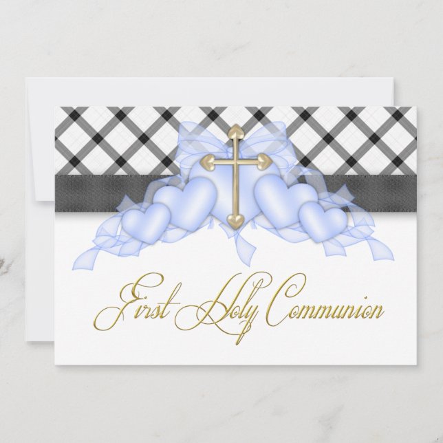 Invitation Croix Or Bleu Noir Garçons Bleu Première Communion (Devant)