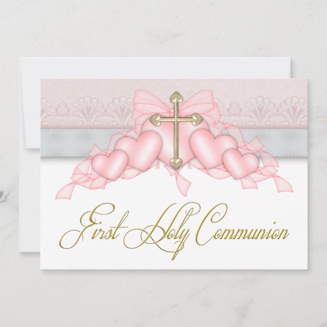 Invitation Croix Or Rose Fille Rose Première Communion (Devant)