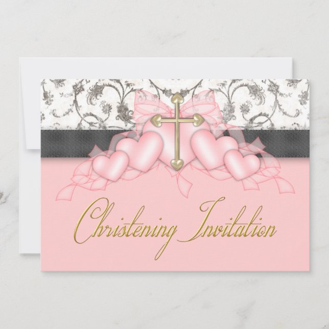 Invitation Croix Or Rose Noir Filles Baptême Rose (Devant)