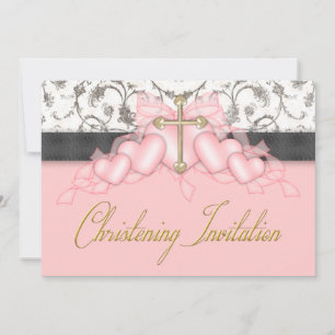 Invitation Croix Or Rose Noir Filles Baptême Rose