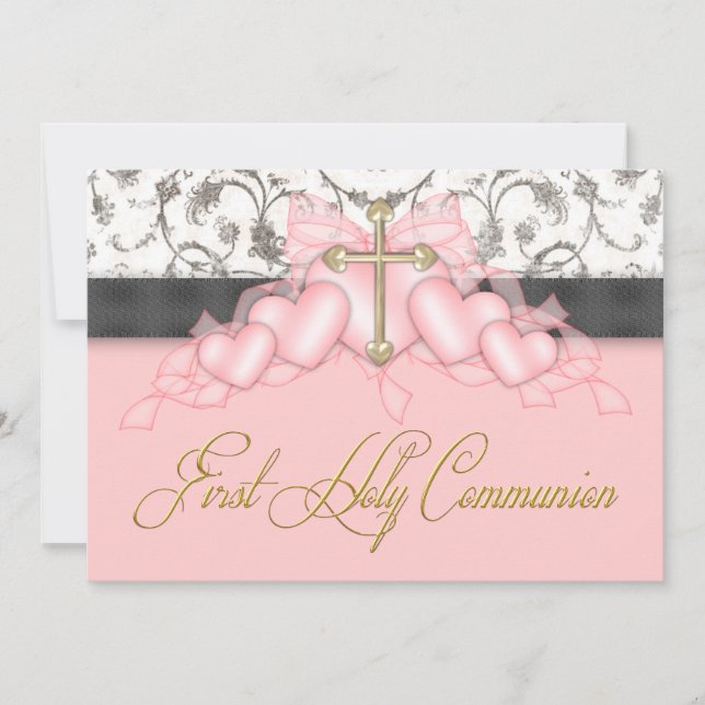 Invitation Croix Or Rose Noir Filles Rose Première Communion (Devant)