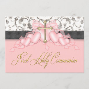 Invitation Croix Or Rose Noir Filles Rose Première Communion