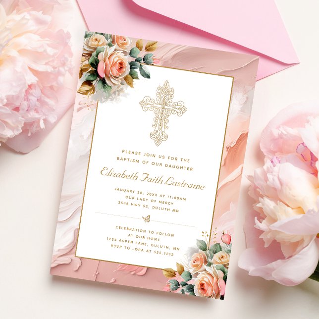 Invitation Croix Ornate Or Peach rose Floral Girl Baptême (Créateur téléchargé)