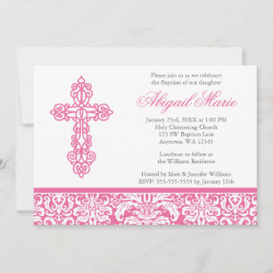 Invitation Croix Ornée Rose Damassée Fille Baptême