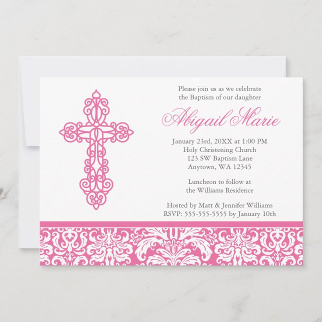 Invitation Croix Ornée Rose Damassée Fille Baptême (Devant)