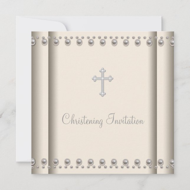 Invitation Croix Perle d'Ivoire pour Bébé Garçon ou Fille Bap (Devant)