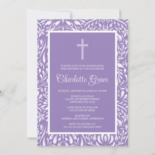 Invitation Croix pourpre Damask Fille Baptême Christening (Devant)